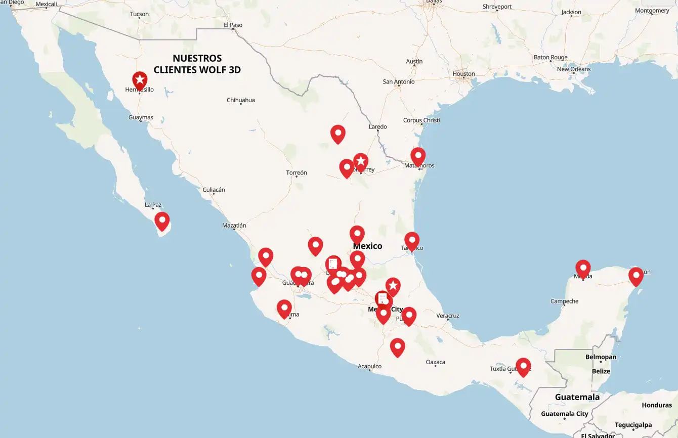 Mapa de México que muestra las ubicaciones de los clientes Wolf 3D con marcadores rojos, concentrados principalmente en las regiones centrales.